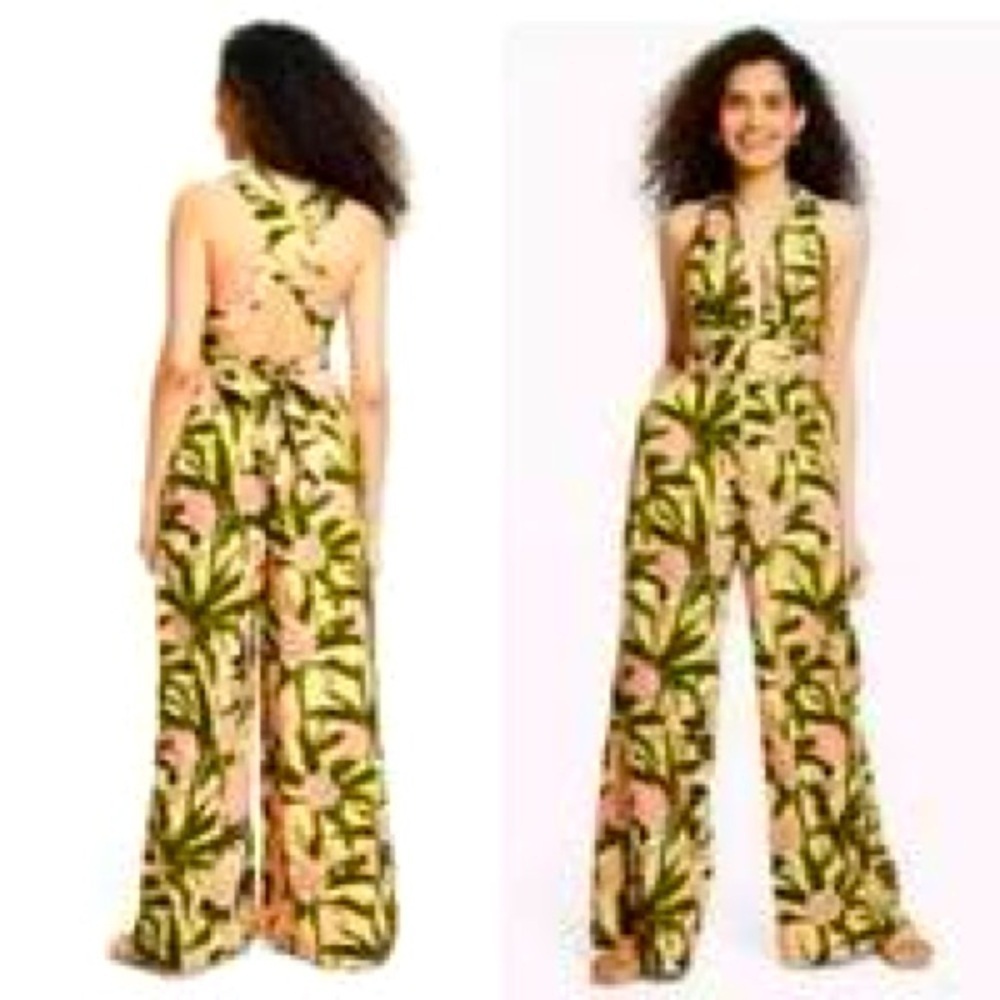 Aguabendita Target yellow tropical floral tie sash open back jumpsuit, XS.